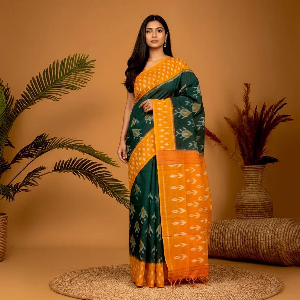 POCHAMPALLY IKAT COTTON GREEN YELLOW SAREE - pochampallysarees.com