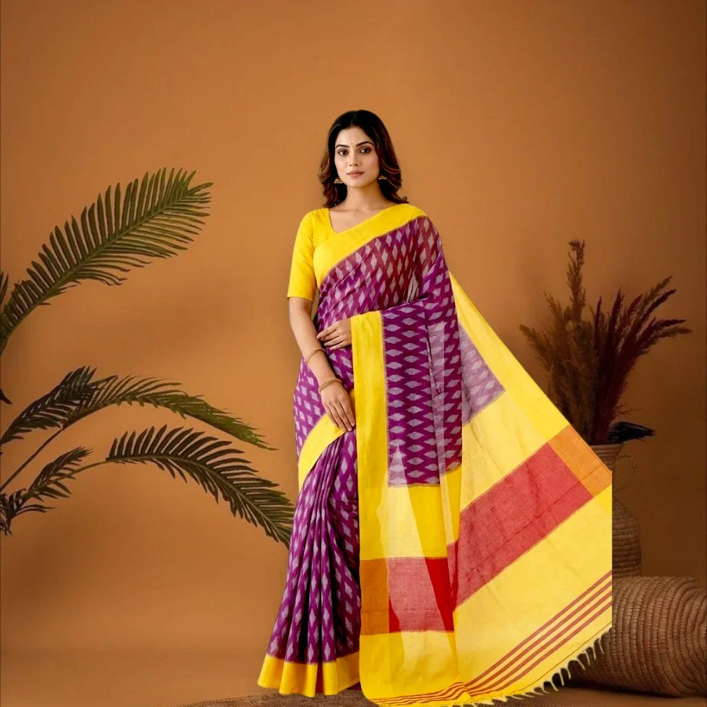 POCHAMPALLY IKKAT COTTON MEJENTA PINK BODY BORDER YELLOW SARI BLOUSE YELLOW - pochampallysarees.com