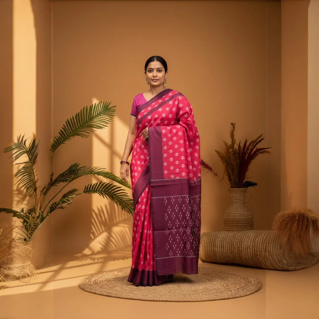 POCHAMPALLY IKKAT COTTON RED BODY BORDER CHOCOLATE SARI - pochampallysarees.com