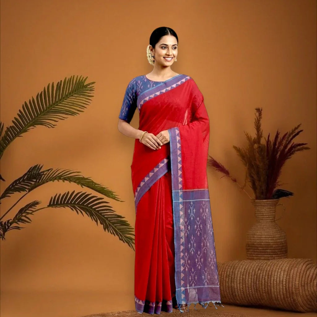 POCHAMPALLY IKKAT COTTON RED BODY BORDER PURPLE SARI PURPLE BLOUSE - pochampallysarees.com