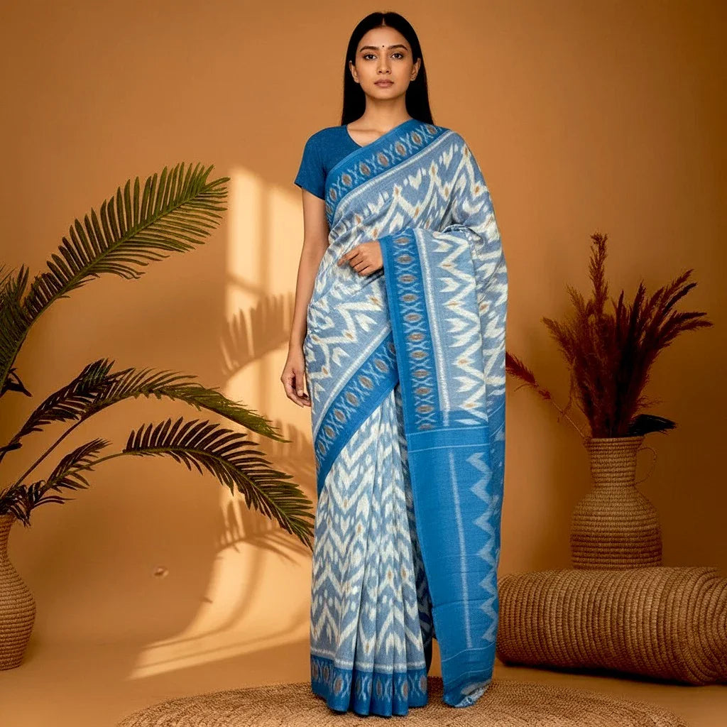 Pochampally Ikkat Cotton White Blue - pochampallysarees.com