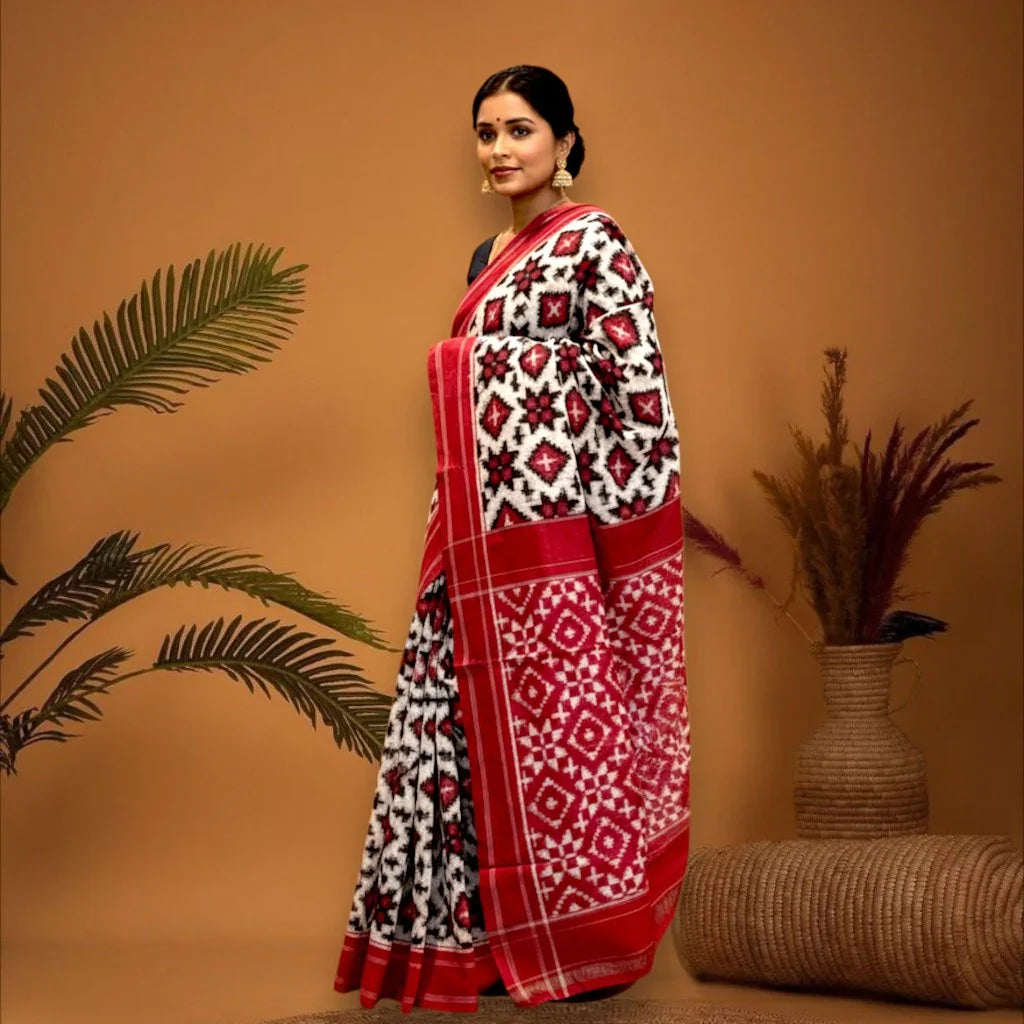 POCHAMPALLY DOUBLE IKKAT COTTON BODY WHITE BORDER PALLU AND BLOUSE RED SARI - pochampallysarees.com