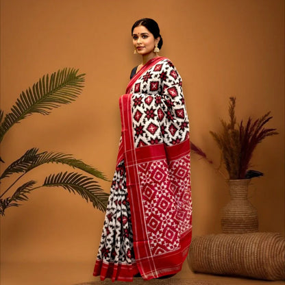 POCHAMPALLY DOUBLE IKKAT COTTON BODY WHITE BORDER PALLU AND BLOUSE RED SARI - pochampallysarees.com
