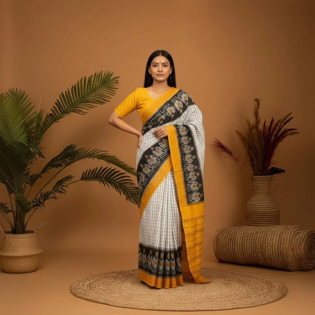 POCHAMPALLY IKKAT COTTON MIDDLE WHITE CHECKS BODY BALCK BORDER PALLU AND BLOUSE YELLOW SARI - pochampallysarees.com