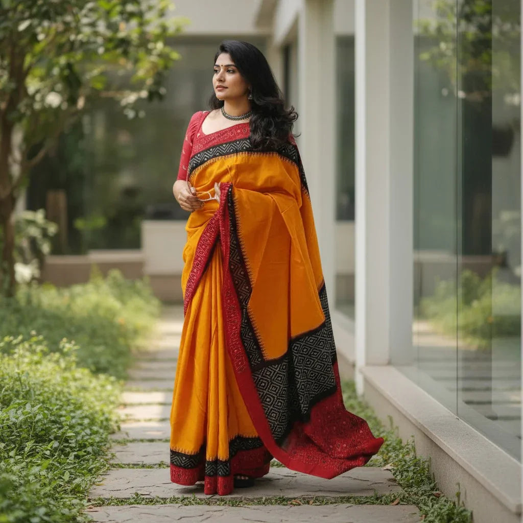 Pochampally-Ikkat-Cotton-Yellow-Black-red-Sari-pochampallysarees.com