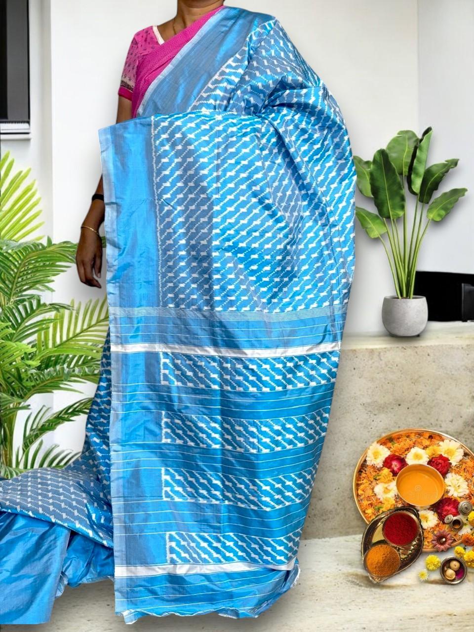 Designer Pochampally Ikat Silk Light Blue Sari