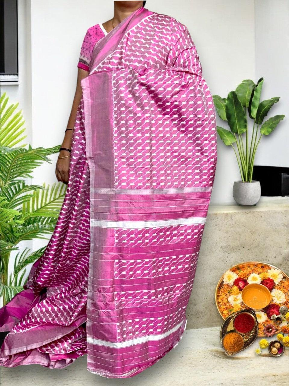 Designer Pochampally Ikat Silk Light Pink Sari