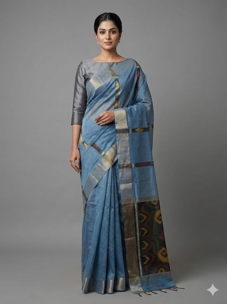 POCHAMPALLY IKKAT SICO GRAY SARI - pochampallysarees.com