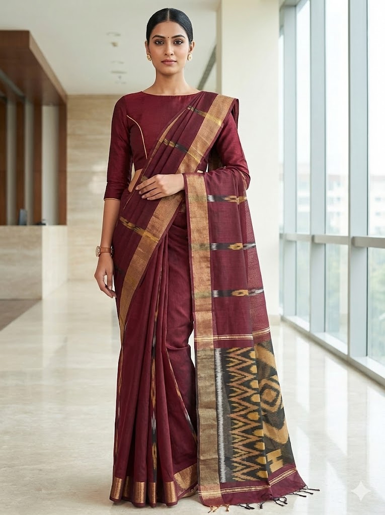 POCHAMPALLY IKKAT SICO CHOCOLATE SARI - pochampallysarees.com