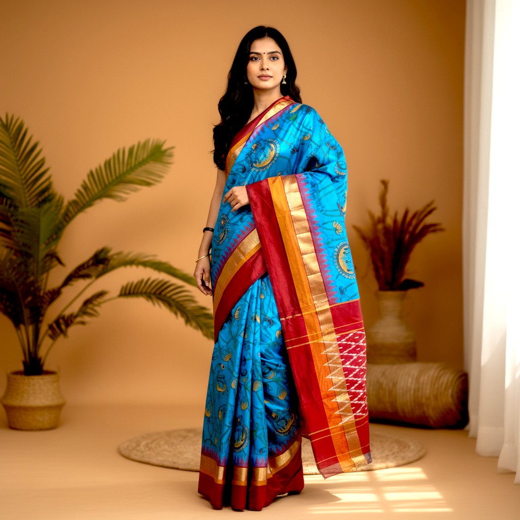 Pochampally-Ikkat-Silk-Blue-Maroon-Sari-pochampallysarees.com