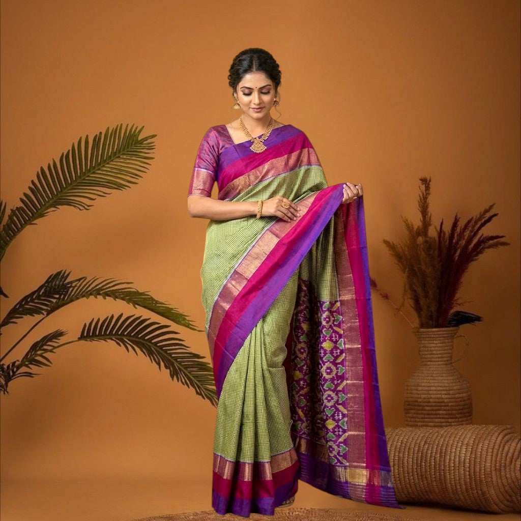 Pochampally Ikkat Silk Checks Green Purple Sari - pochampallysarees.com