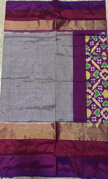 POCHAMPALLY IKKAT SILK MIDDLE PURPLE CHECKS BORDER PALLU AND BLOUSE SAME AS IKKAT DESIGN SARI - pochampallysarees.com
