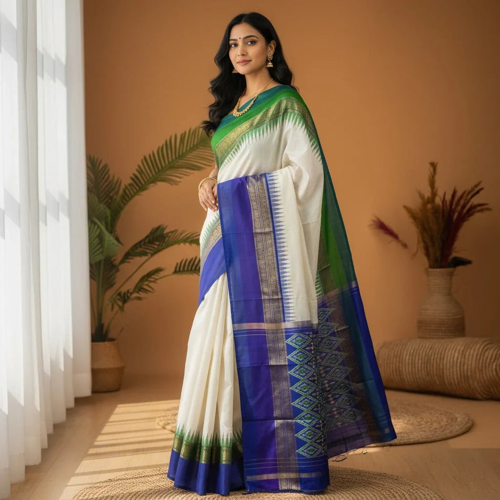 Pochampally-Ikkat-Silk-Cream-Blue-Green-Sari-pochampallysarees.com