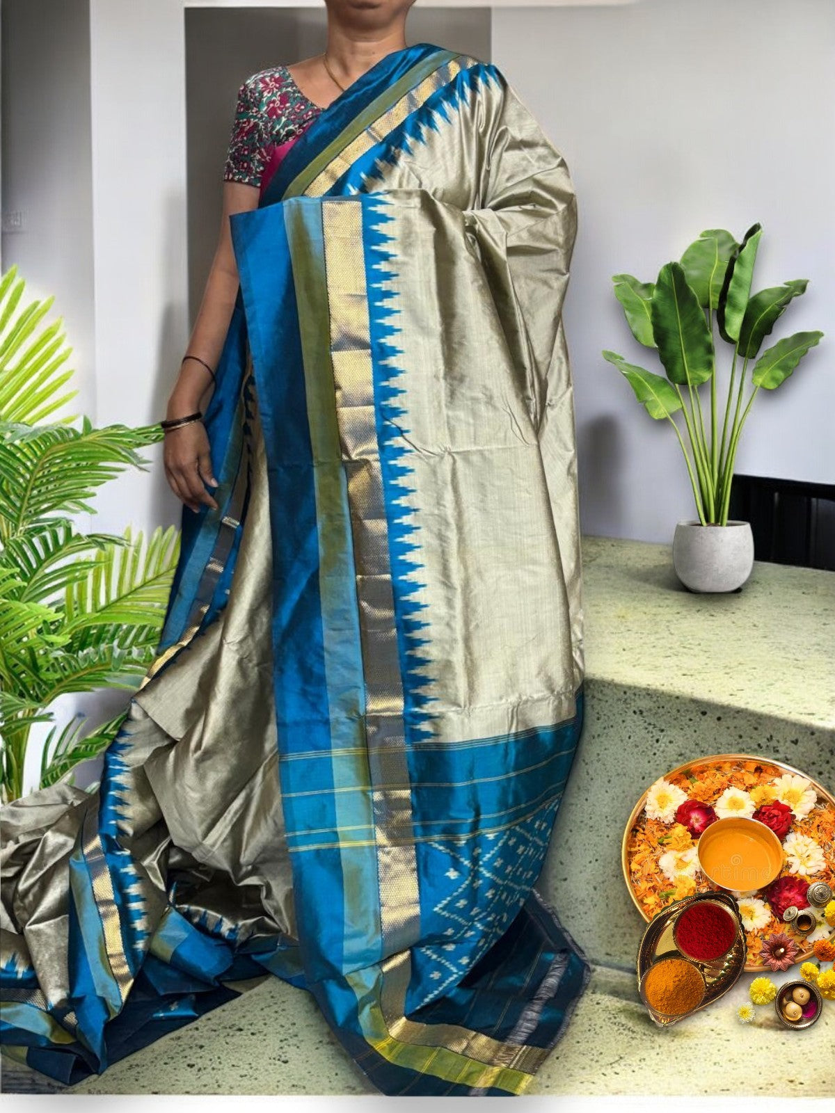 Pochampally Ikat Silk Cream Blue Sari