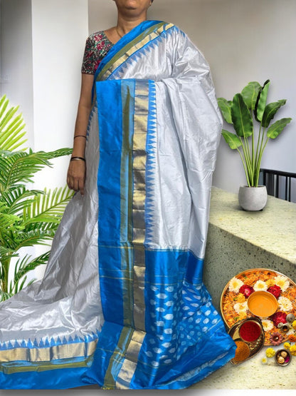 Semi Pochampally Ikat Silk White Blue Sari