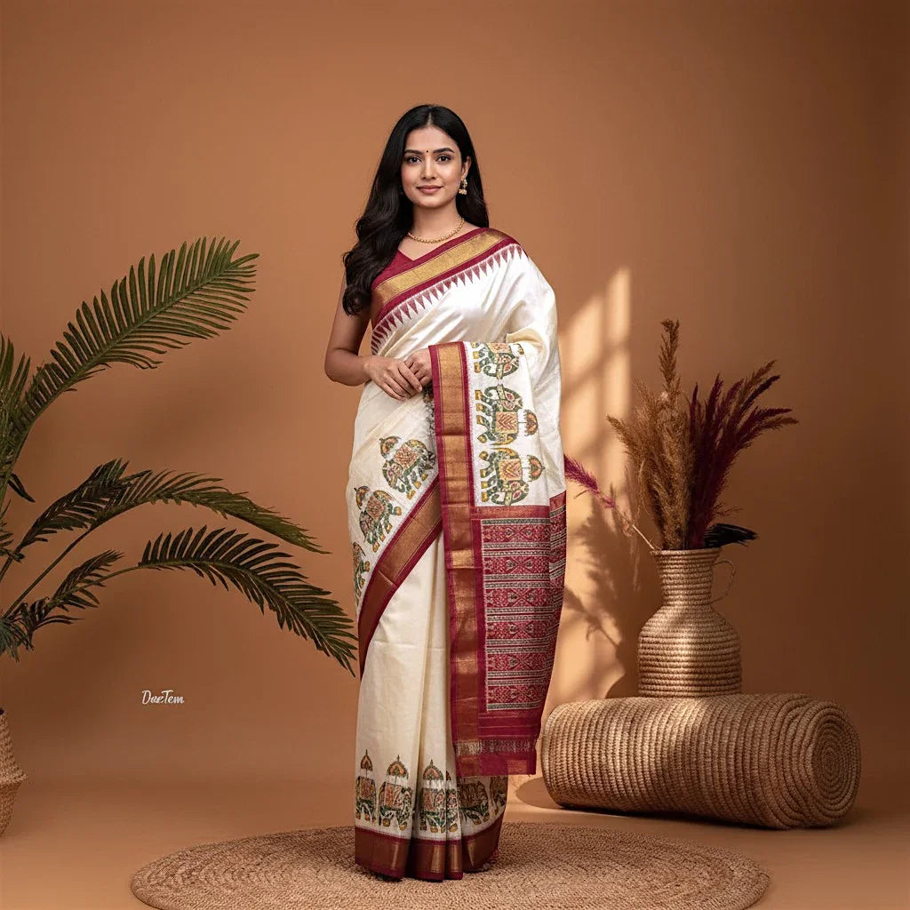 POCHAMPALLY IKKAT SILK PATOLA MIDDLE CREAM BORDER AND PALLU MAROON ZARI BORDER SAREE - pochampallysarees.com