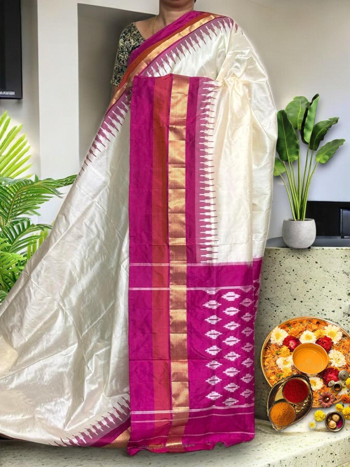 Semi Pochampally Ikkat Silk Cream Mejenta Pink Sari