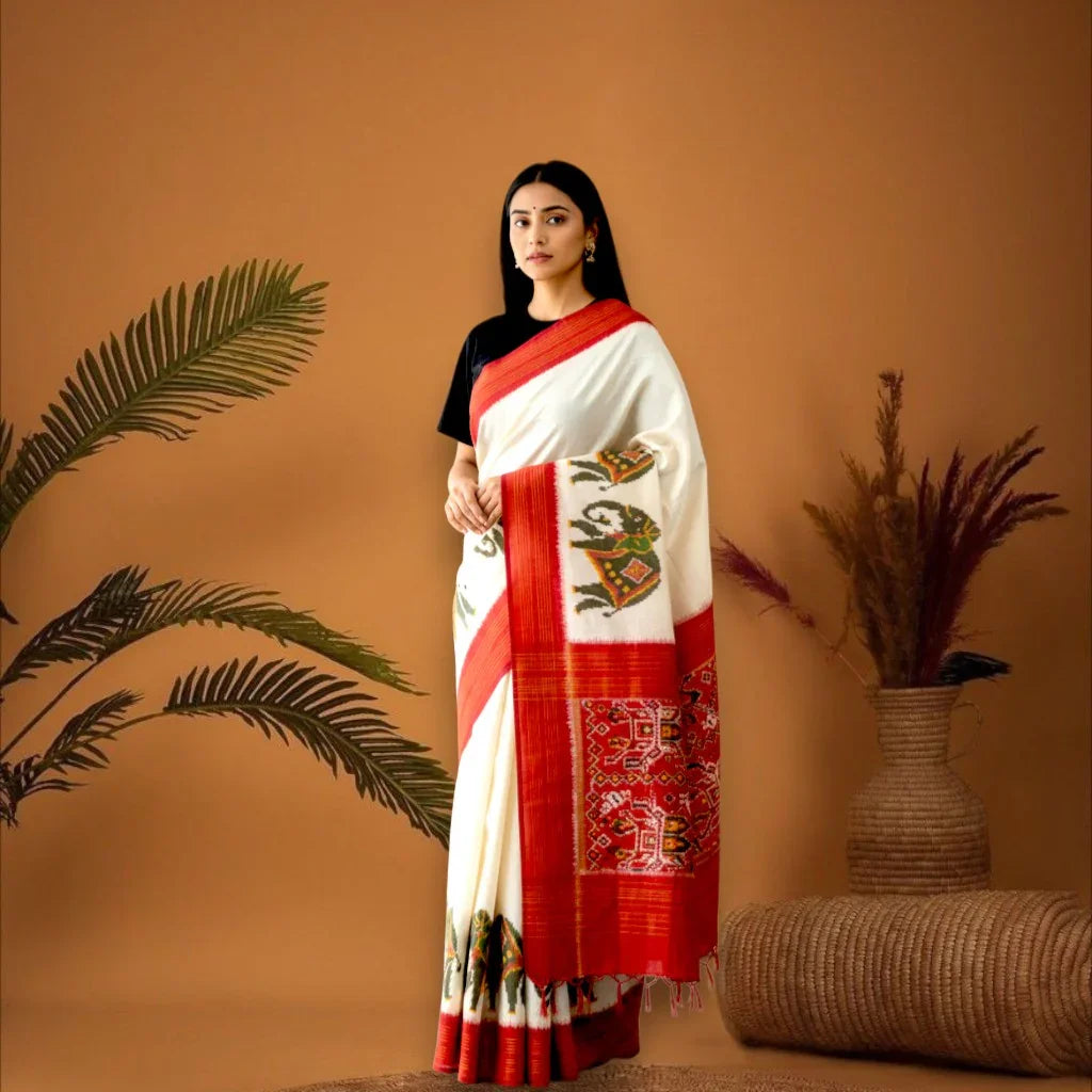 Pochampally Ikkat Silk Cream Red Sari pallu design