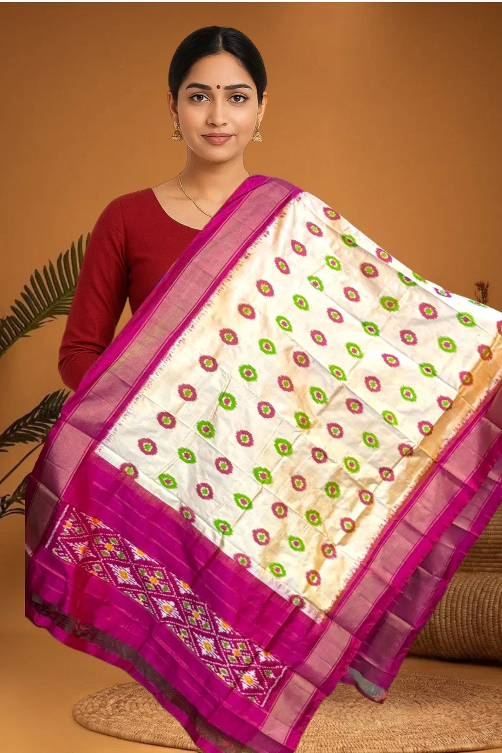 POCHAMPALLY IKKAT SILK MIDDLE CREAM BORDER PINK TISSUE BORDER DUPATTA