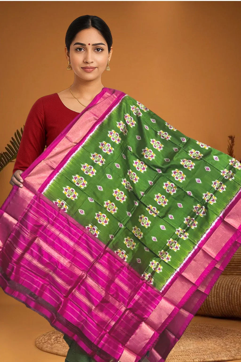 POCHAMPALLY IKKAT SILK MIDDLE OLIVE GREEN BORDER PINK TISSUE BORDER DUPATTA