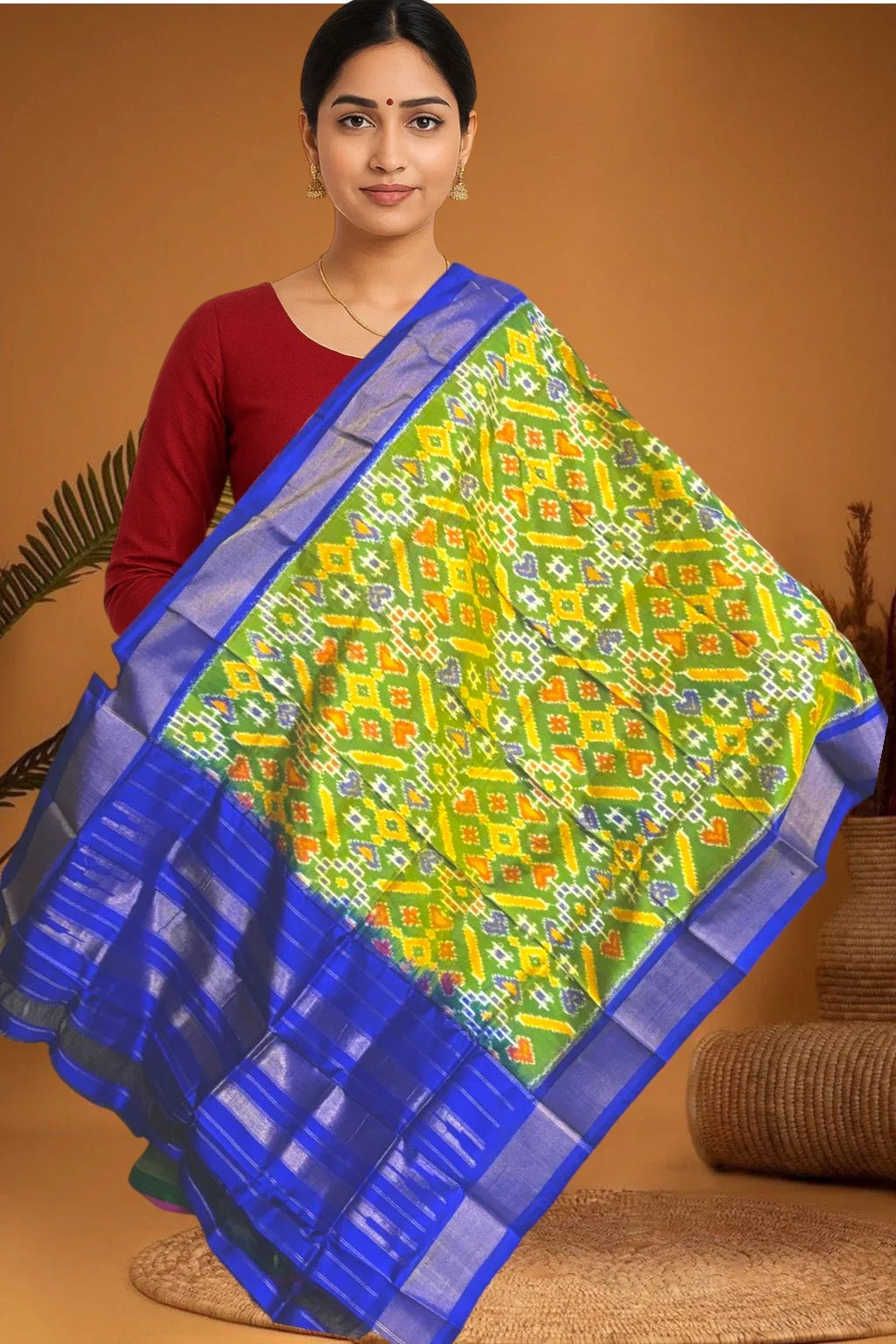 POCHAMPALLY IKKAT SILK MIDDLE PARROT GREEN BORDER PINK TISSUE BORDER DUPATTA