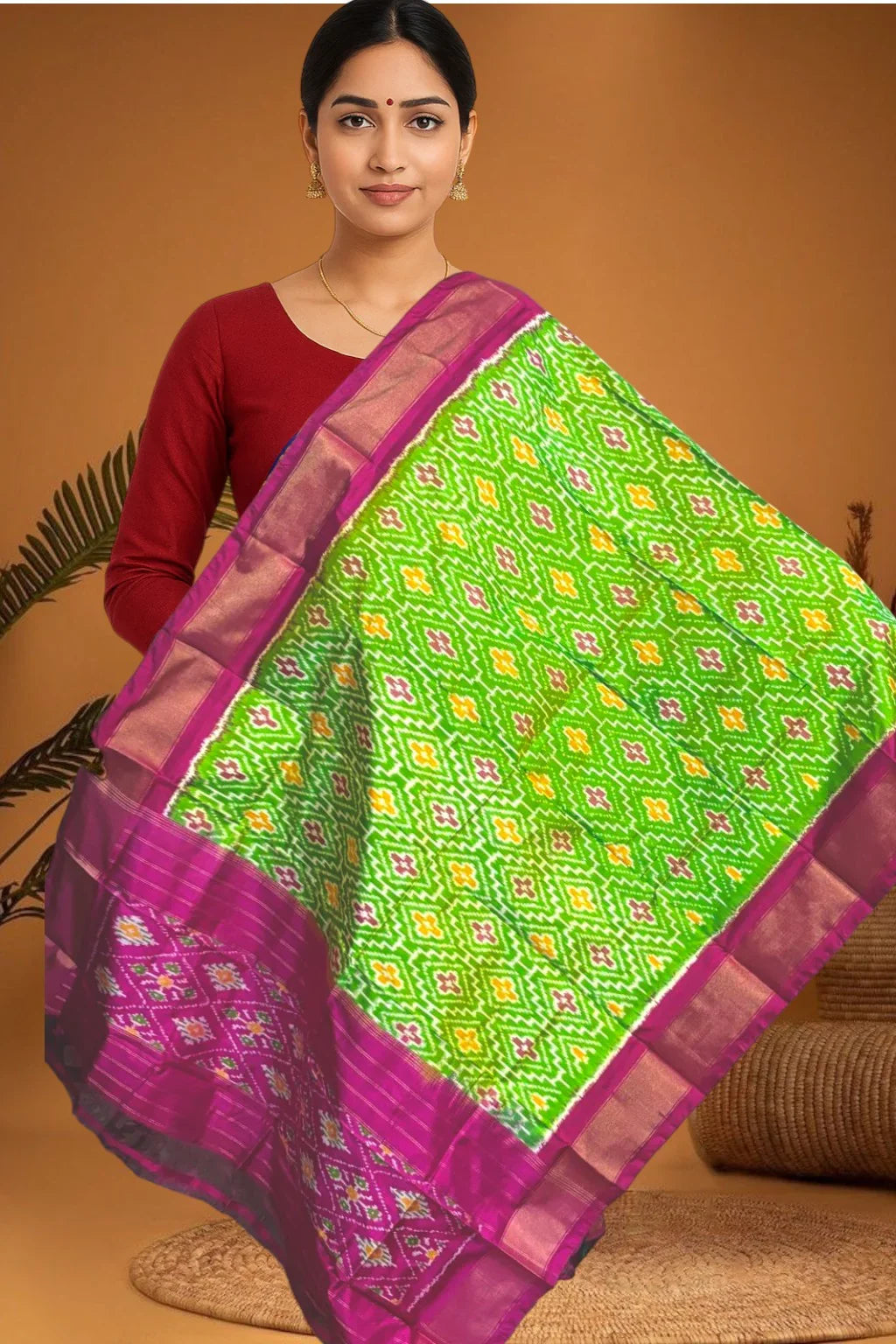 POCHAMPALLY IKKAT SILK MIDDLE GREEN BORDER PINK TISSUE BORDER DUPATTA