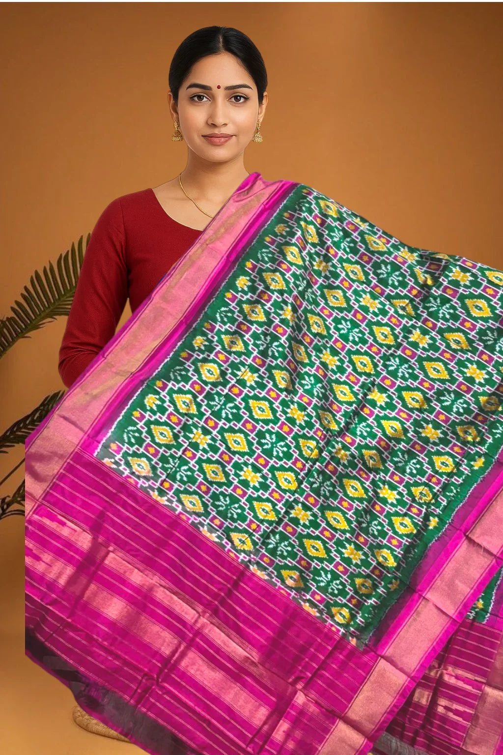 POCHAMPALLY IKKAT SILK MIDDLE GREEN BORDER PINK TISSUE BORDER DUPATTA