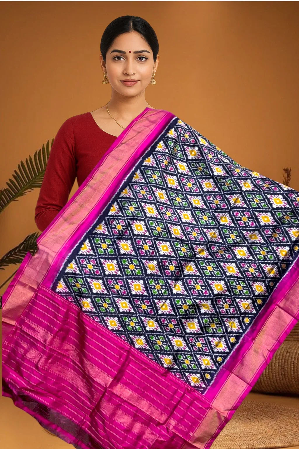 POCHAMPALLY IKKAT SILK MIDDLE NAVY BLUE BORDER PINK TISSUE BORDER DUPATTA