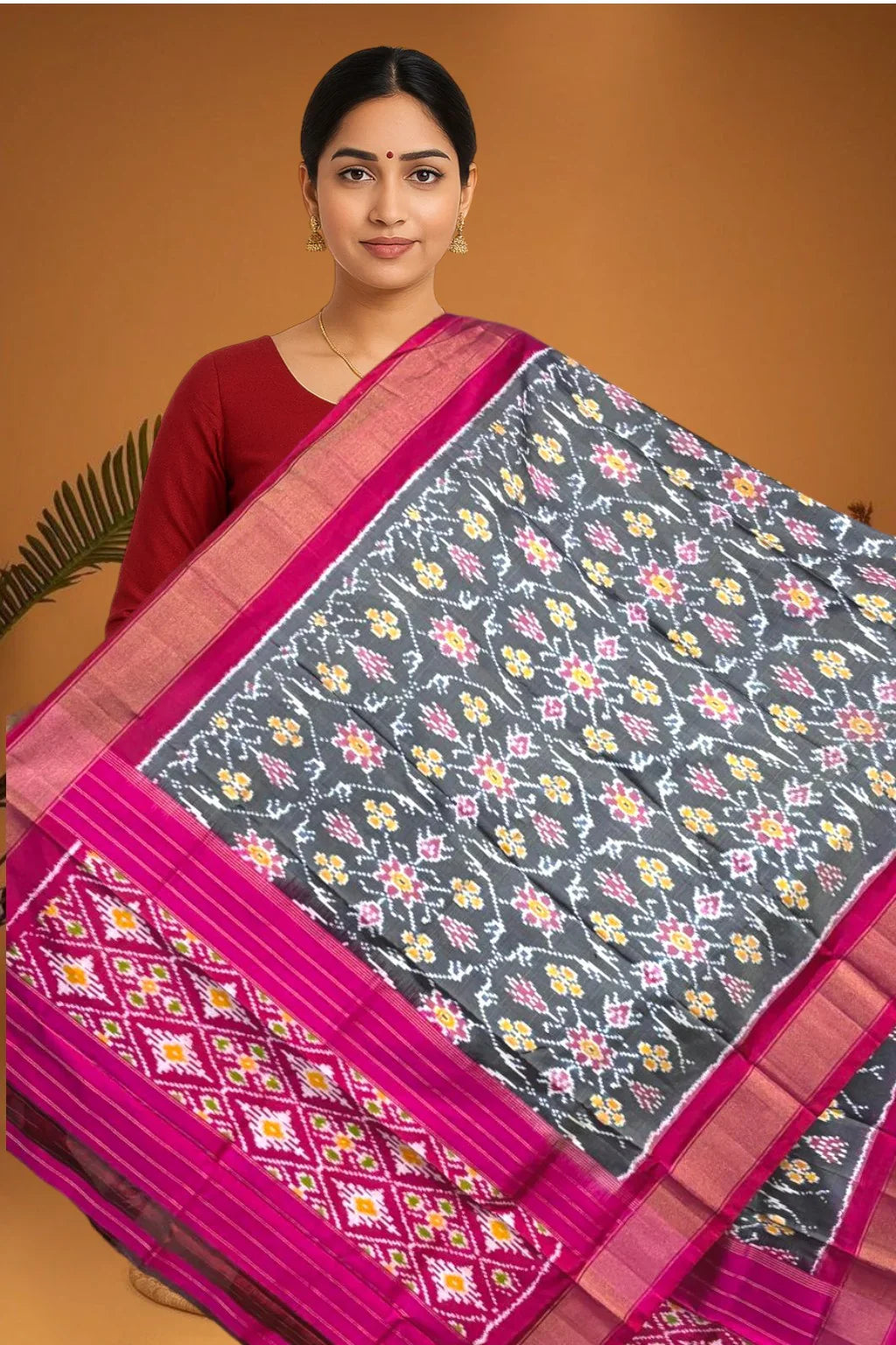 POCHAMPALLY IKKAT SILK MIDDLE GRAY BORDER PINK TISSUE BORDER DUPATTA