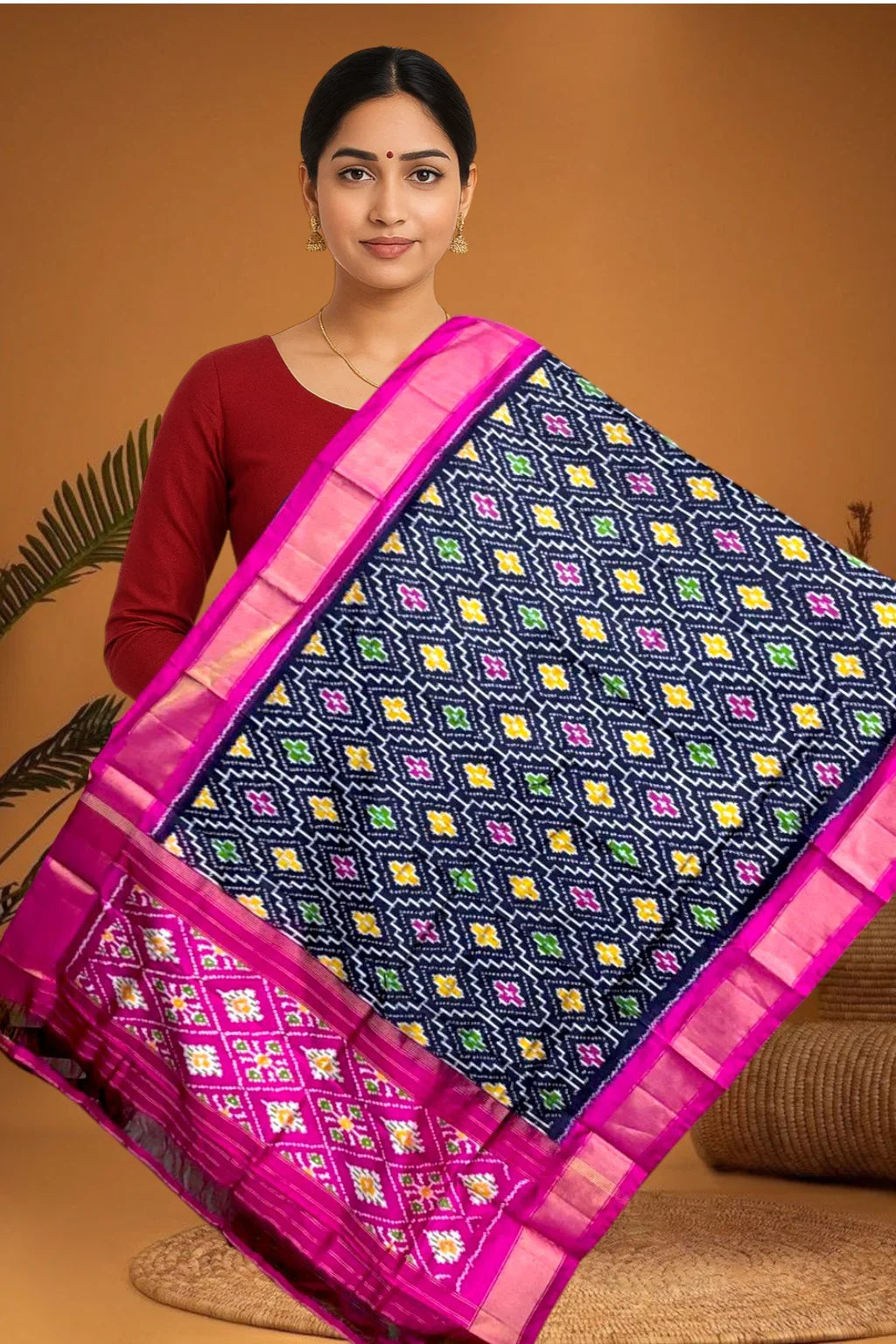 POCHAMPALLY IKKAT SILK MIDDLE BLACK BORDER PINK TISSUE BORDER DUPATTA
