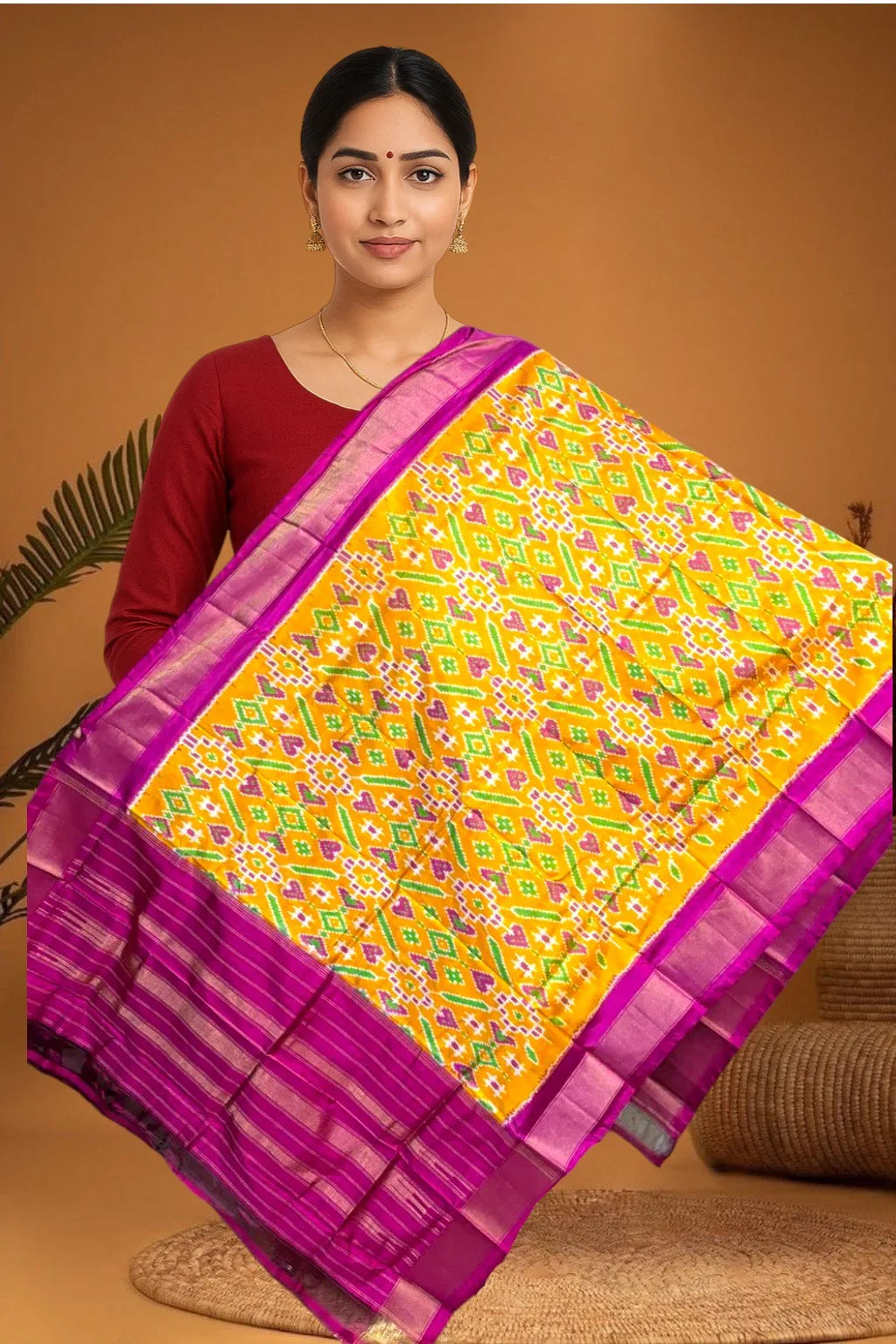 POCHAMPALLY IKKAT SILK MIDDLE YELLOW BORDER PINK TISSUE BORDER DUPATTA