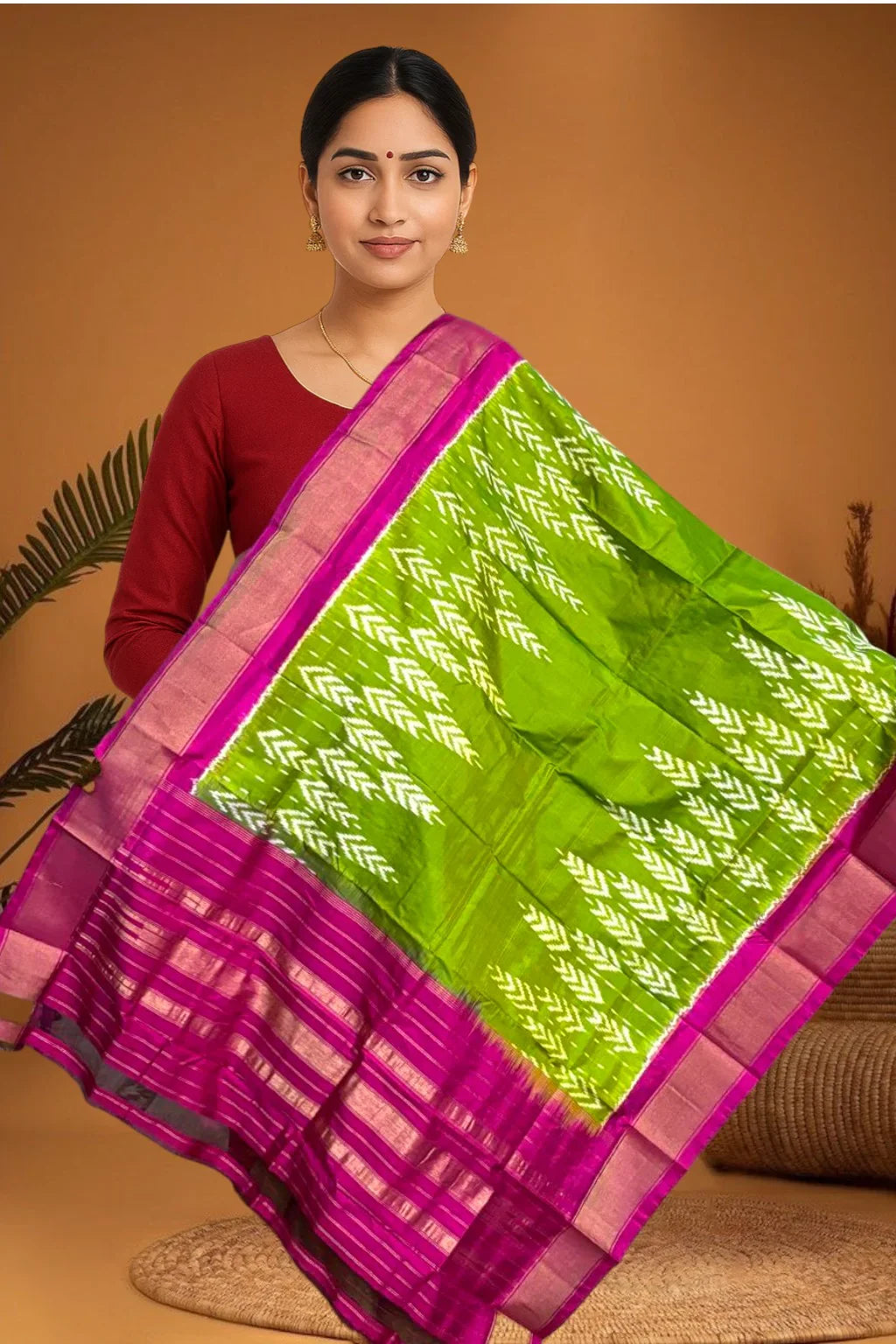 POCHAMPALLY IKKAT SILK MIDDLE GREEN BORDER PINK TISSUE BORDER DUPATTA