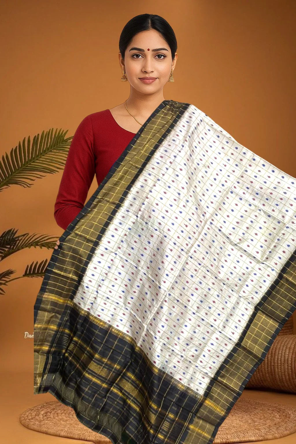 POCHAMPALLY IKKAT SILK MIDDLE WHITE BORDER BLACK TISSUE BORDER DUPATTA