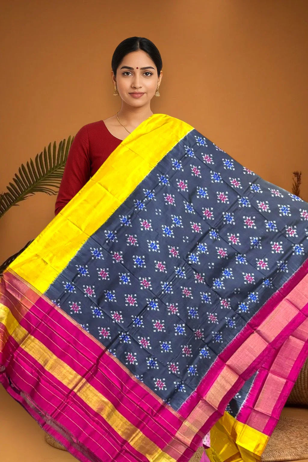 POCHAMPALLY IKKAT SILK MIDDLE BLACK BORDER PINK TISSUE BORDER DUPATTA