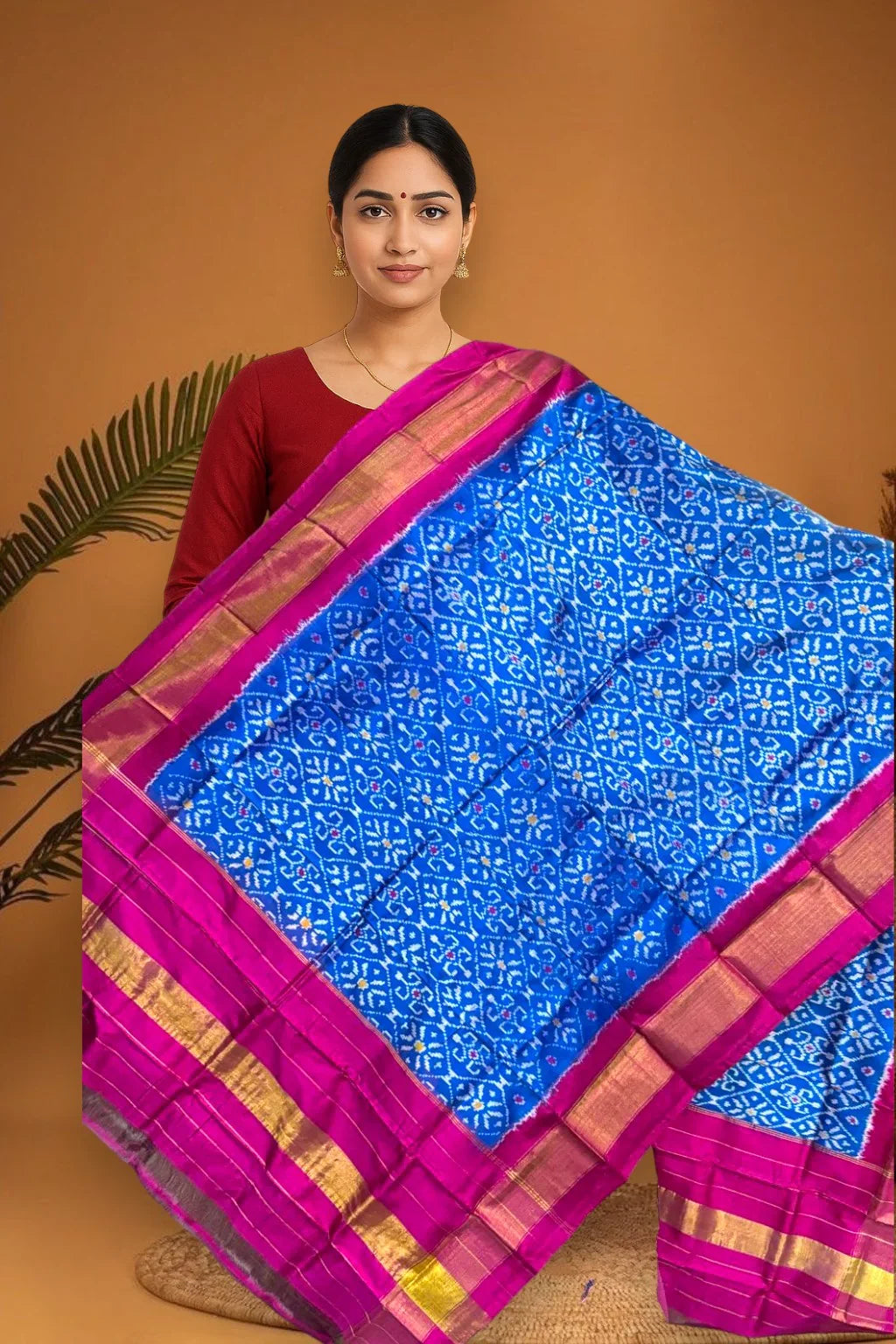 POCHAMPALLY IKKAT SILK MIDDLE BLUE BORDER PINK TISSUE BORDER DUPATTA