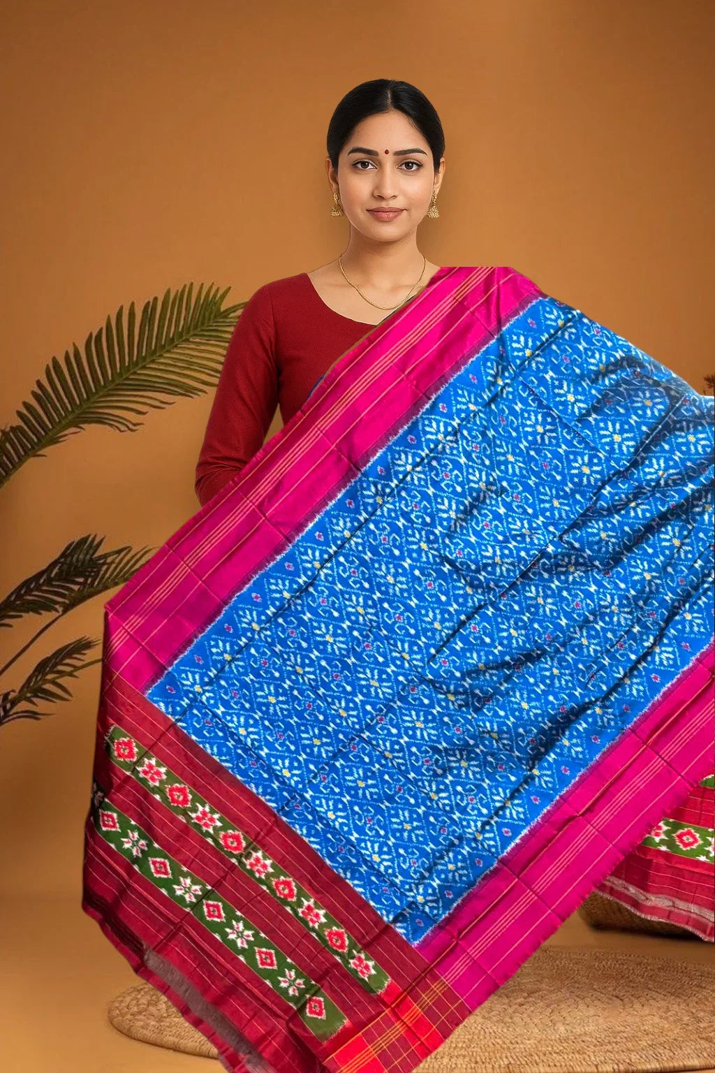 POCHAMPALLY IKKAT SILK MIDDLE  BLUE BORDER PINK TISSUE BORDER DUPATTA
