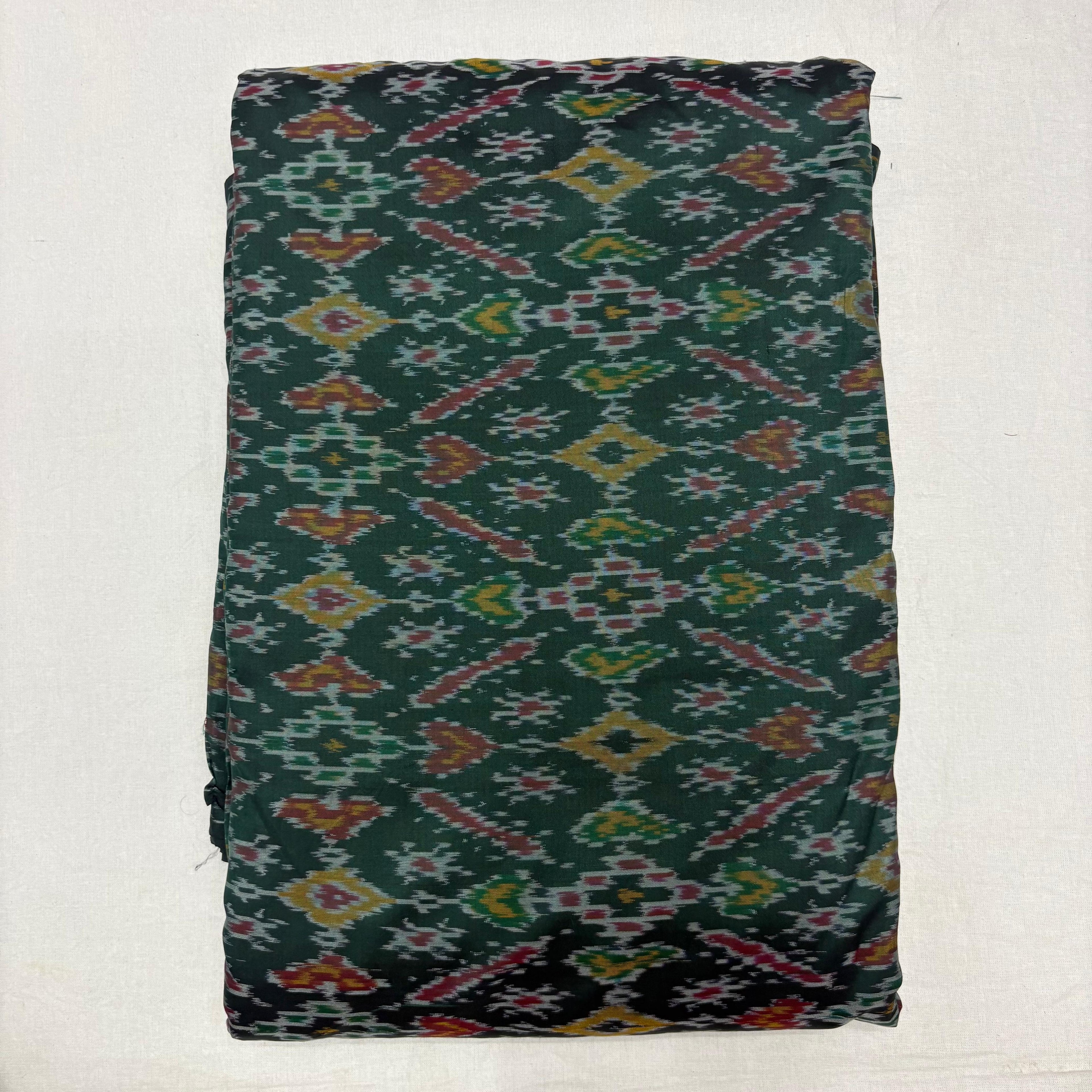 HAND WOVEN DOUBLE IKAT SOFT SILK BOTTLE GREEN FABRIC - pochampallysarees.com