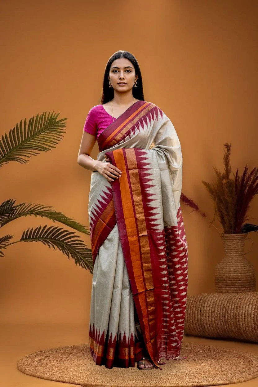 Pochampally-Ikkat-Silk-Gray-Red-Sari-pochampallysarees.com