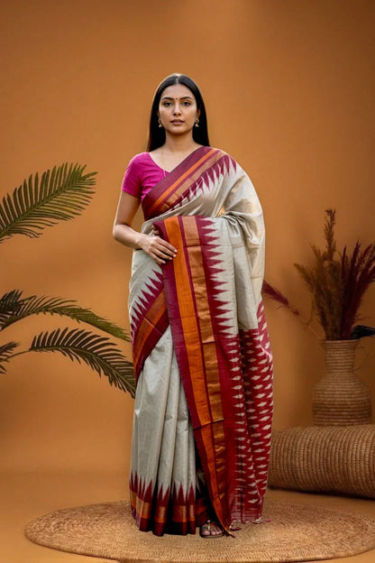 Pochampally-Ikkat-Silk-Gray-Red-Sari-pochampallysarees.com