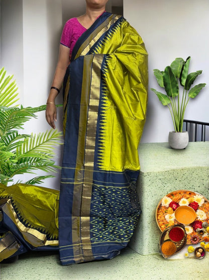 Pochampally Ikat Silk Navy Blue Green Sari