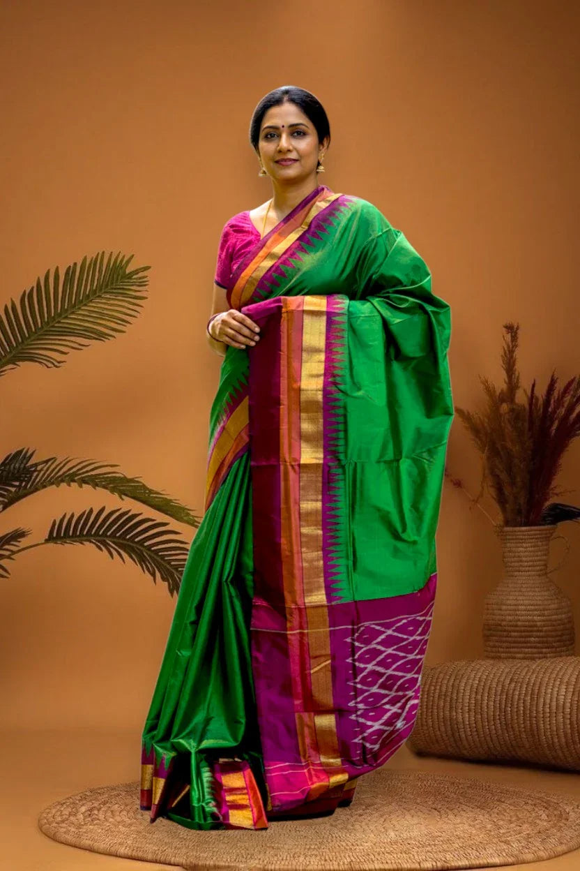 Pochampally Ikkat Silk Green Red Sari - pochampallysarees.com