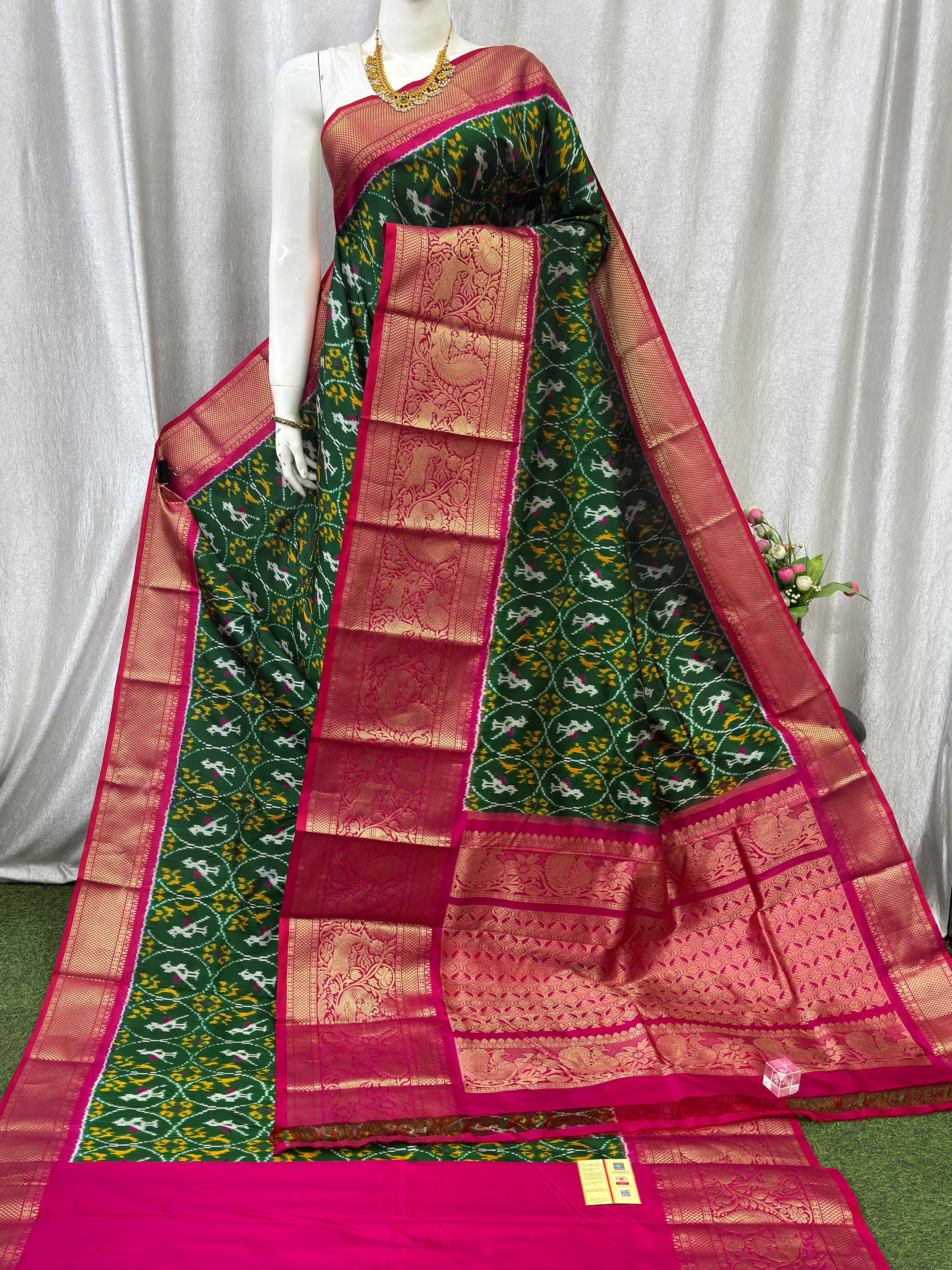 Pochampally Ikkat Kanchi Border Green Red Sari