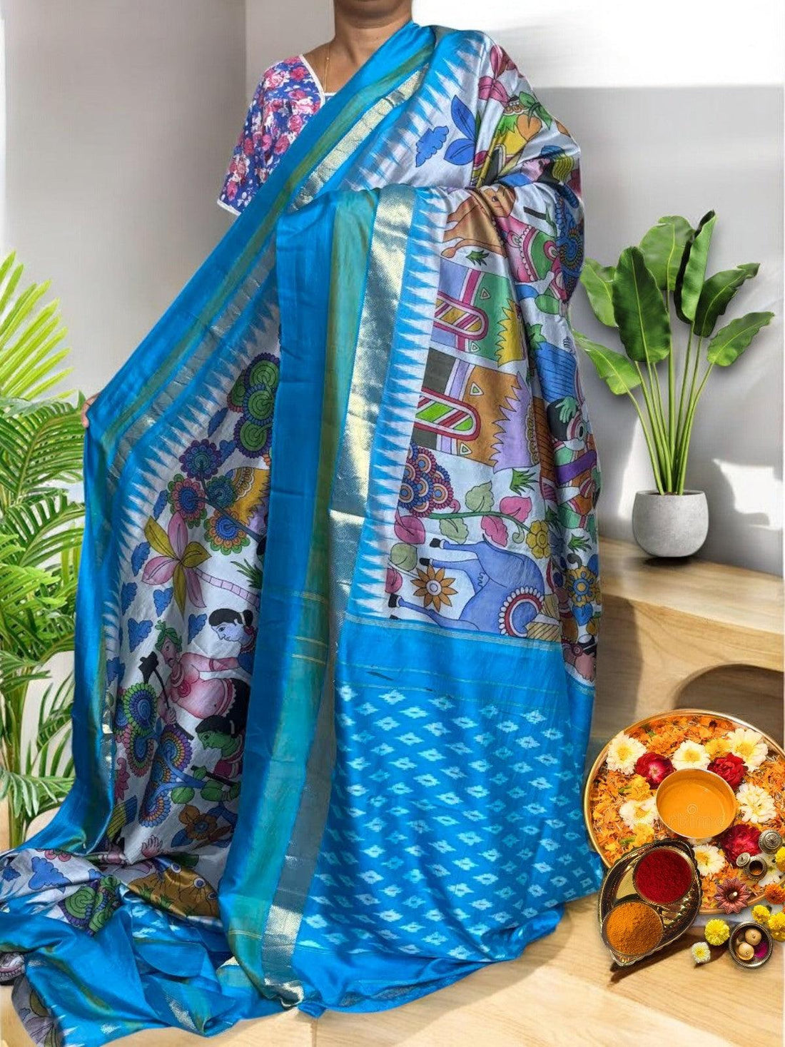 Pochampally Ikat Silk kalamkari Designer Gray Blue Sari