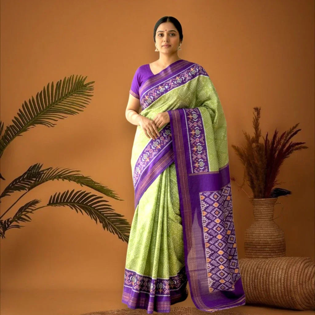 POCHAMPALLY IKKAT SILK OLIVE GREEN PURPLE SARI - pochampallysarees.com