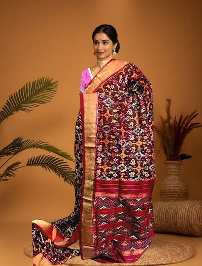 Pochampally Ikat Silk Patola Chocolate Red Sari - pochampallysarees.com