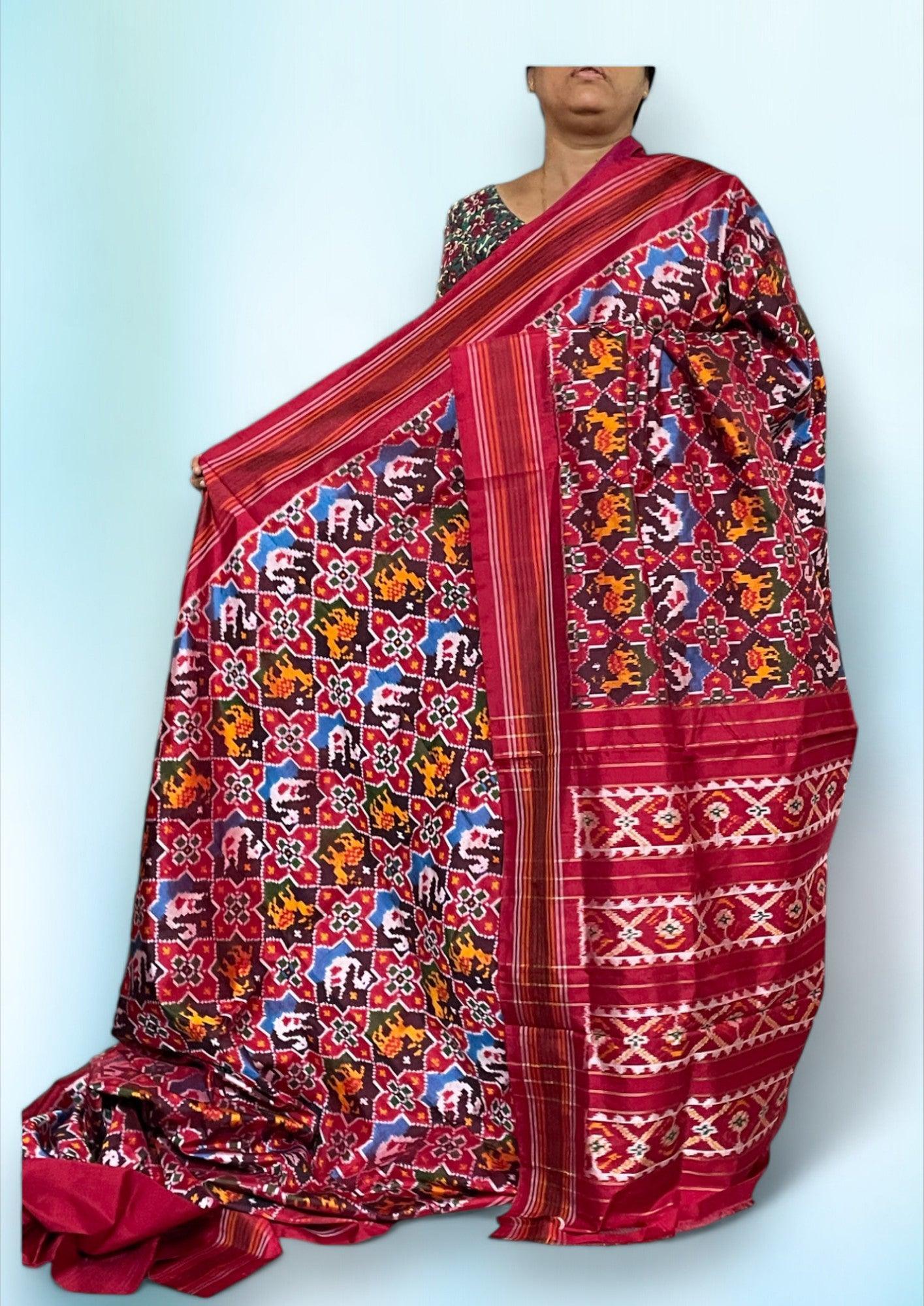 Pochampally Ikkat Patola Silk Maaroon Sari