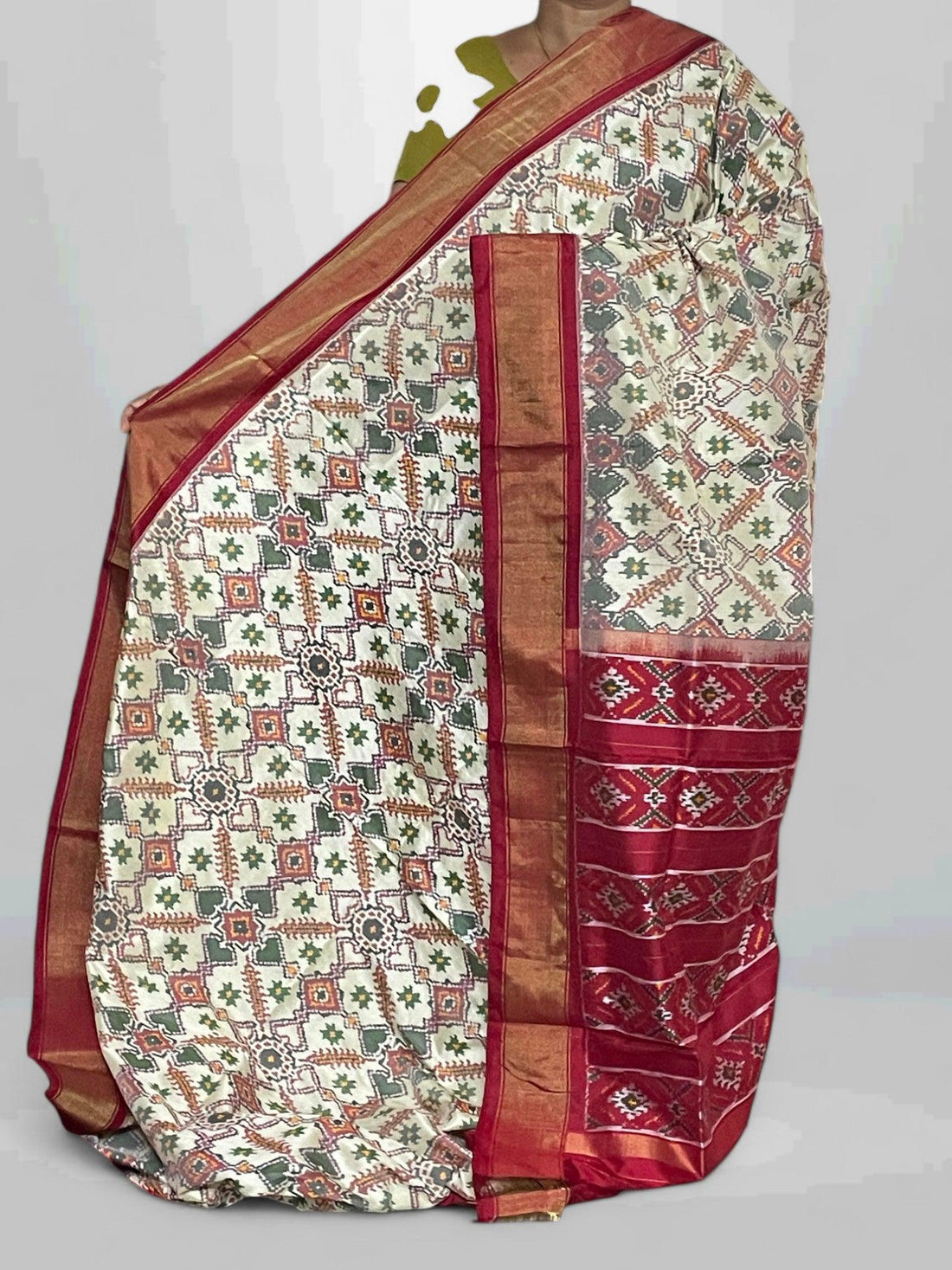 Pochampally Ikkat Silk Patola Cream Red Sari