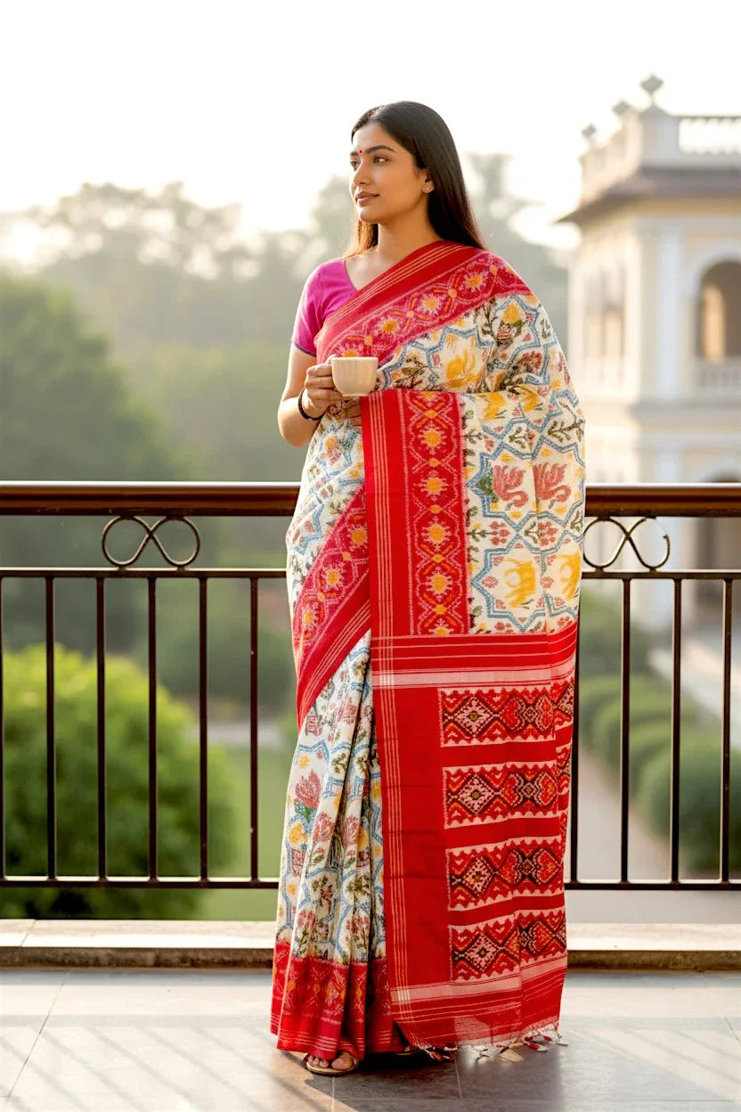 Pochampally-Ikkat-Silk-Patola-Cream-Red-Sari-pochampallysarees.com