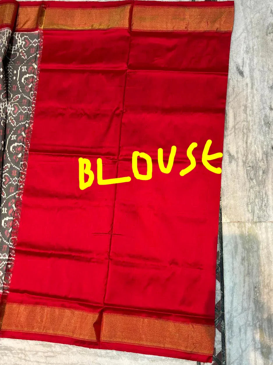Pure Pochampally Ikkat Patola Silk Saree in Charcoal Grey &amp; Red | Handloom Traditional Wedding Saree with Rich Zari Border &amp; Pallu - pochampallysarees.com