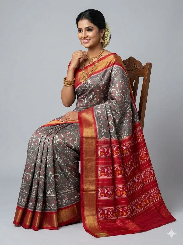 Pure Pochampally Ikkat Patola Silk Saree in Charcoal Grey &amp; Red | Handloom Traditional Wedding Saree with Rich Zari Border &amp; Pallu - pochampallysarees.com
